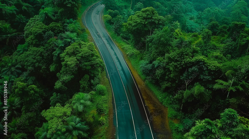 Aerial top view beautiful curve road on green forest in the rain season
