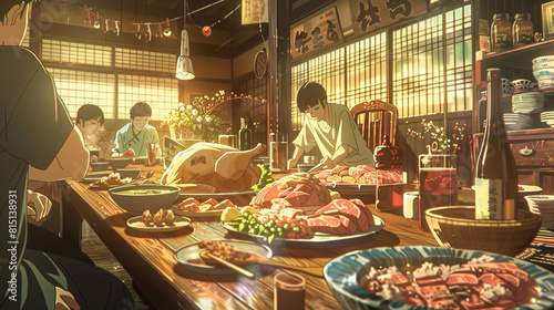anime illustration, chicken lunch, illustration, food