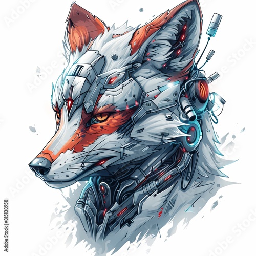 A fox with a robotic face and a metal collar