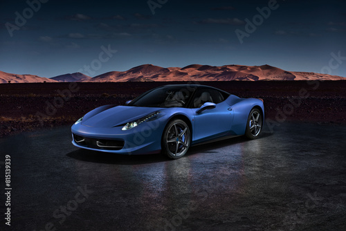 Blue super car standing in front of desert dunes at dusk. The silhouette of the car will reflect in the shiny stone surface on which it stands.