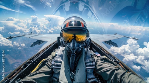 A fighter pilot is in the cockpit of a fighter jet. The pilot is wearing a full body suit and a helmet. The jet is flying through the sky with clouds in the background