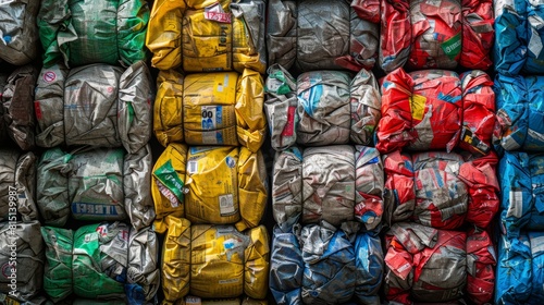 Stacked bales of compressed plastic ready for recycling, highlighting sustainable waste management photo