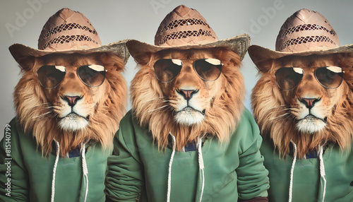 group, of, three, lions, with, straw, hat, wearing, lion, hoodies, hoodie, pullover, gansgter, sunglasses, glasses, googles, animal, wildlife, on, solid, background, new, close up, cartoon, 3d, ad, 3 photo