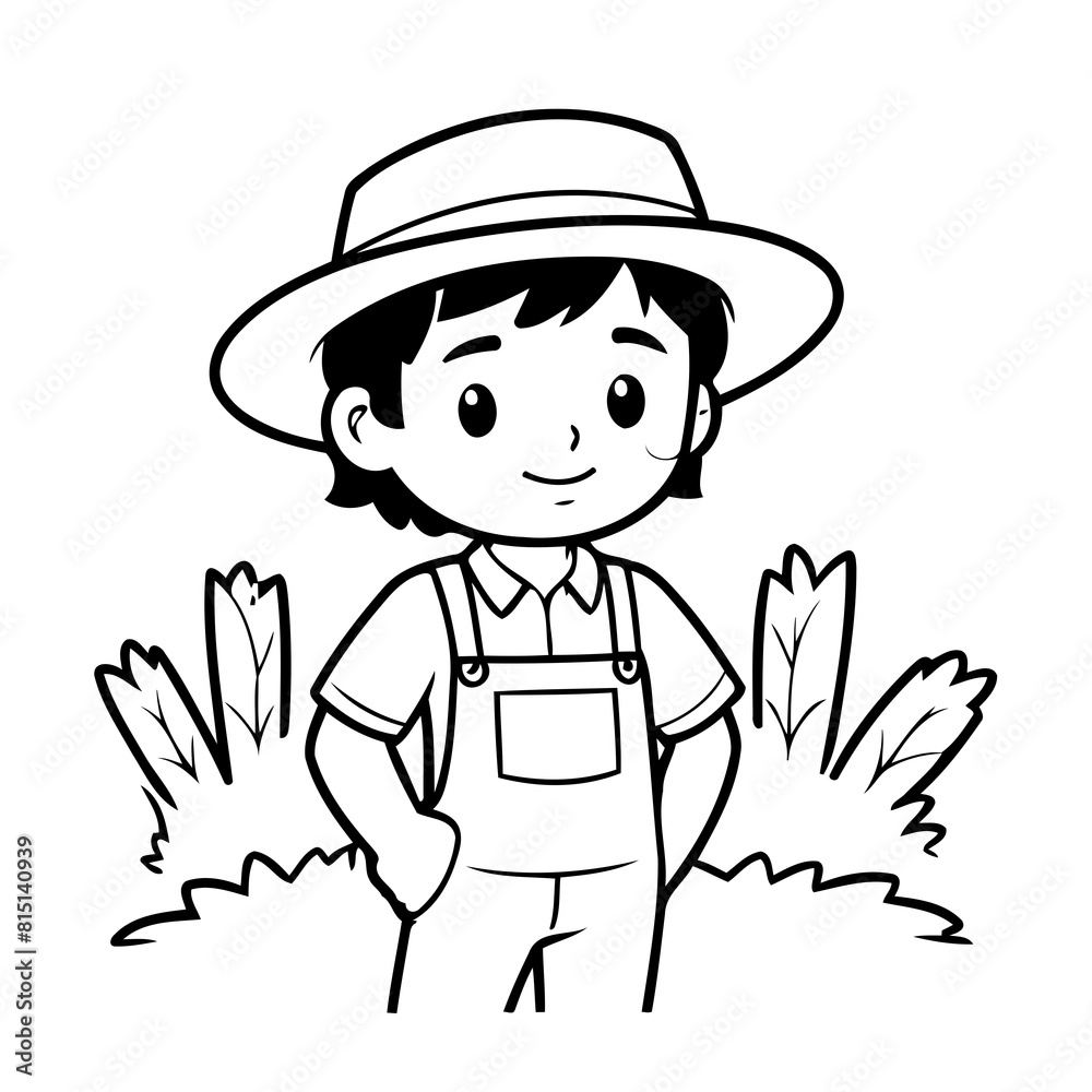 Vector illustration of a cute Farmer drawing for kids colouring activity