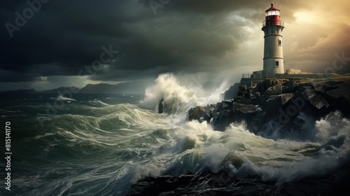 Stormy seas under lighthouse beam: A powerful tower, against an overcast sky, guards the rocky shore in the evening.