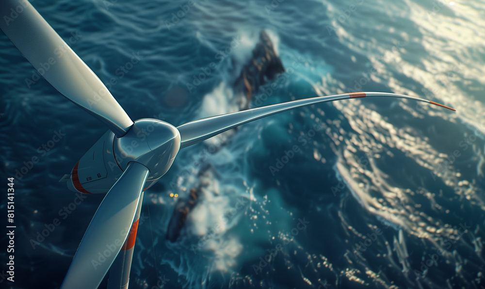 Obraz premium A wind farm in the open sea is a technologically advanced solution in the field of renewable energy sources.