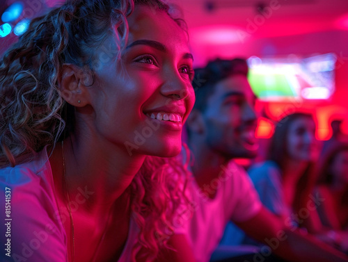 Group of young Latin friends watching football on television, smiling, in an environment of red neon lights.