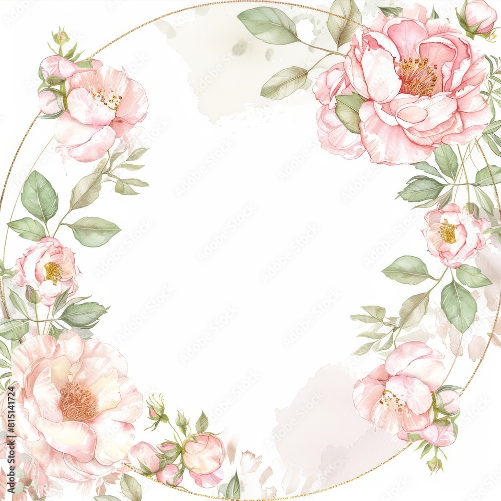 Pink watercolor floral frame, white background with a gold line border 