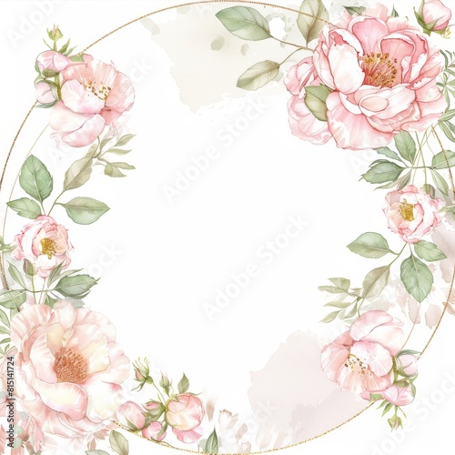 Pink watercolor floral frame, white background with a gold line border 