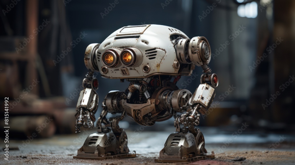 A futuristic cyborg android machine, the pinnacle of engineering, with metal arms stands in the workshop A futuristic cyborg android machine, the pinnacle of engineering, with metal arms stands in the workshop