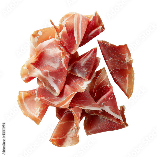 A collection of prosciutto slices neatly stacked on a plain white surface, a Prosciutto slices isolated on transparent background photo