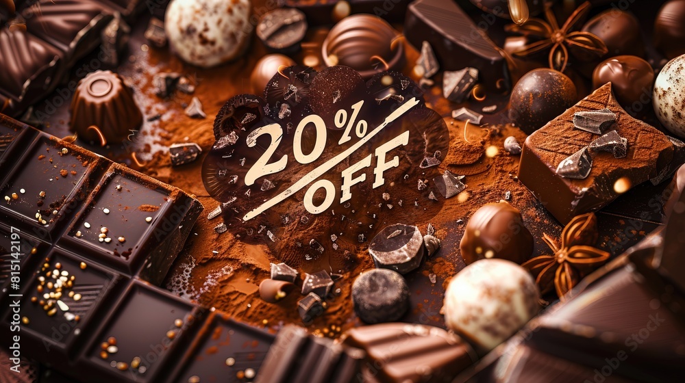 A promotional image showcasing various chocolates with a 