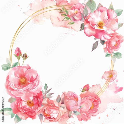 Pink watercolor floral frame, white background with a gold line border 