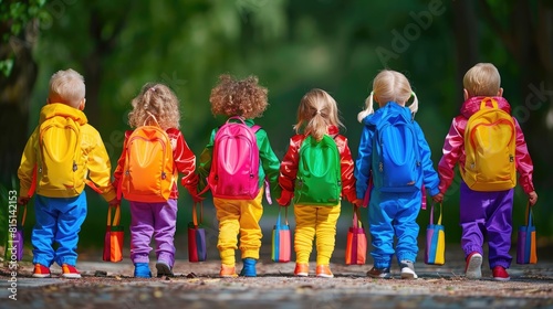 A group of children are walking down a path, each wearing a backpack. The children are of different ages and are wearing a variety of colors photo