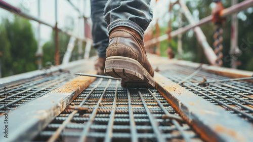 Close up of worker walking on metal platform at construction site
 photo