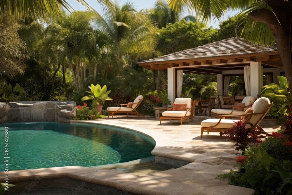 Luxurious poolside patio area with lounge chairs in a tropical setting Luxurious poolside patio area with lounge chairs in a tropical setting