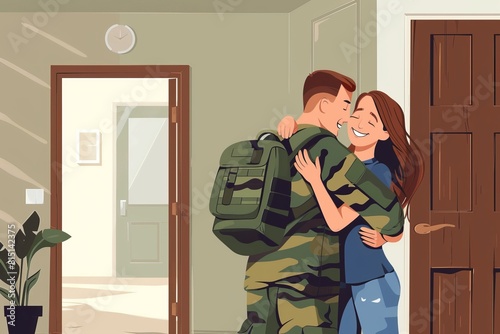 Soldier coming home from duty hugging his wife in front of the house photo