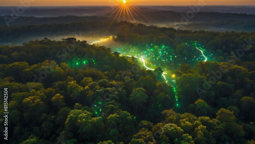 Dawning Connectivity, Aerial Shot of Sunrise Illuminating Verdant Forest Graced by Technological Pathways.