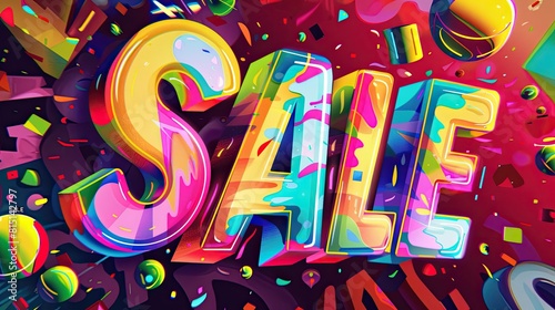 Vibrant 3D sale typography on a colorful, dynamic background photo