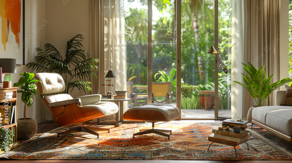 Fototapeta premium A living room with a rug and plants.