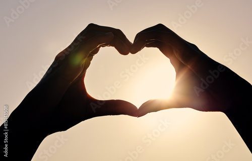 Hands  heart and emoji in outdoor for love  sky and peace or kindness symbol for couple support. People  together and solidarity for freedom in nature  collaboration and icon for holiday or vacation