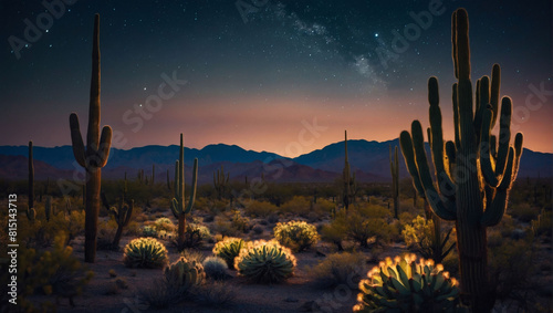 Desert Nocturne, Moonlit Landscape with Silhouetted Cacti