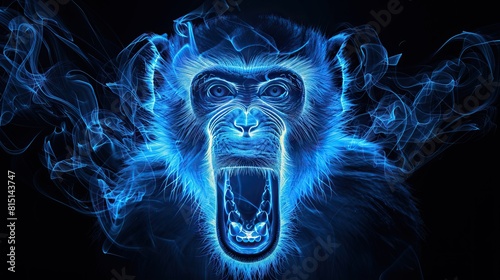 A digital artwork of a blue, glowing baboon with an open mouth in an aggressive pose