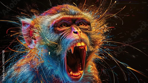 A vibrant and dynamic image of a baboon with a splash of neon colors photo
