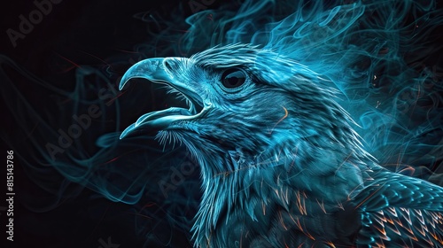 A digital artwork of an eagle composed of blue neon light and smoke on a dark background © StasySin