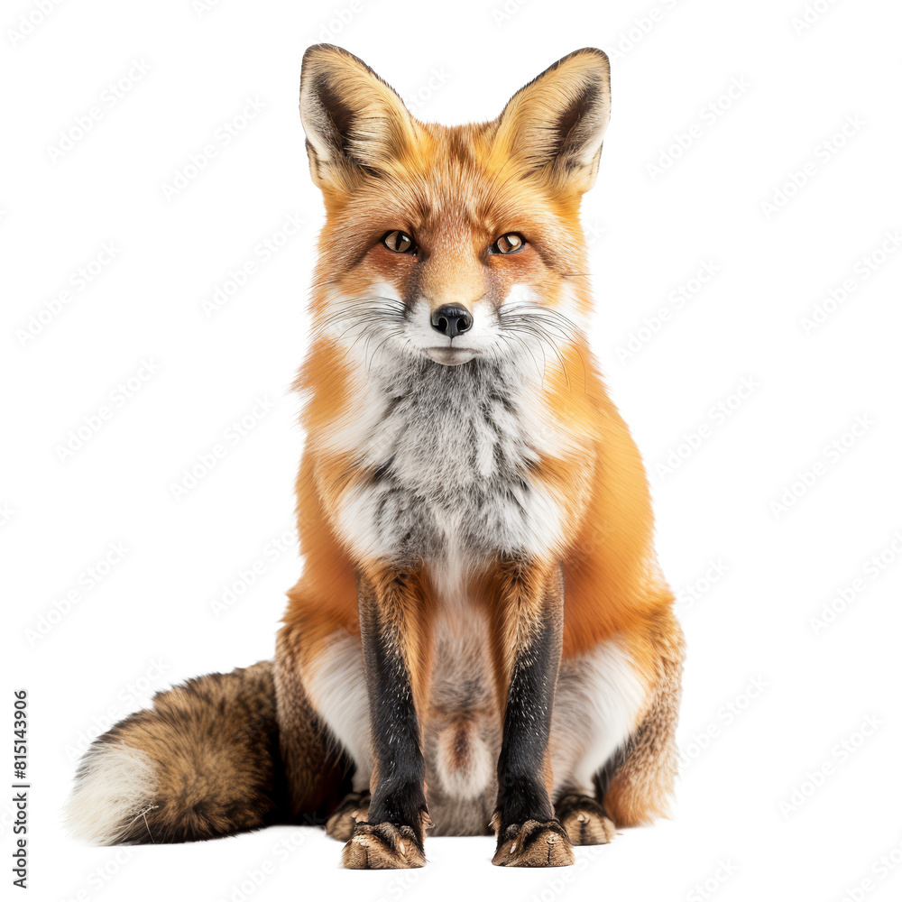 Fototapeta premium A red fox is seated in front of a plain white backdrop, a red fox isolated on transparent background