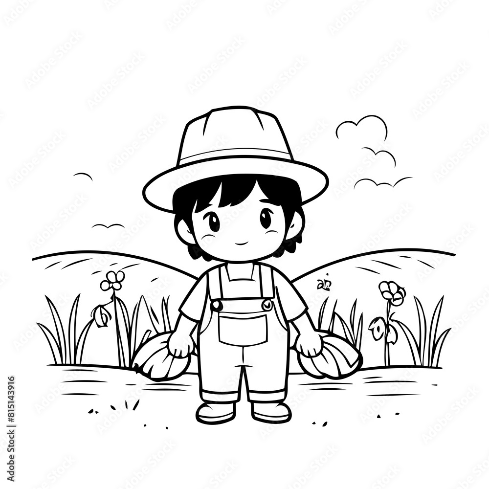 Simple vector illustration of Farmer drawing for kids colouring page