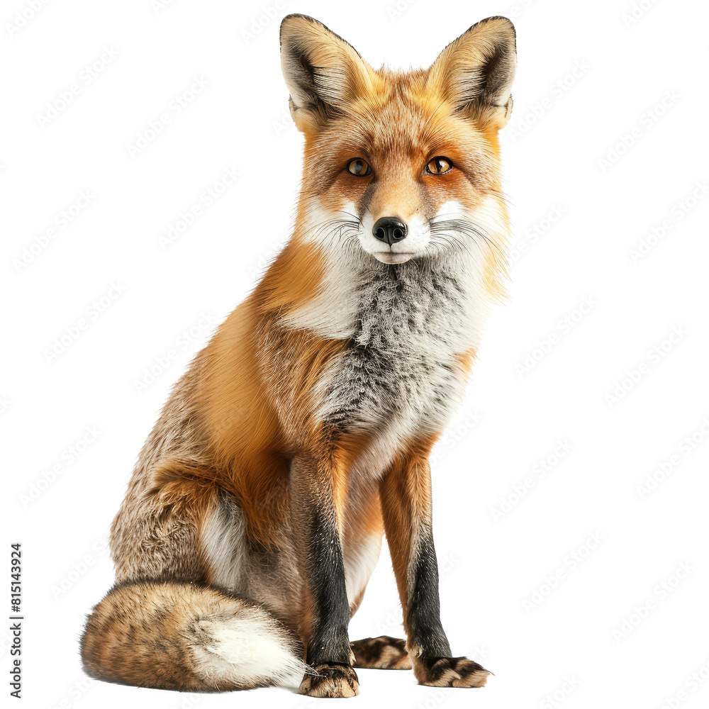 A red fox is seated in front of a Png background, a red fox isolated on transparent background