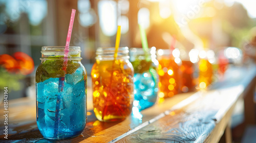 Colorful drinks in mason jars with straws on a sunny day