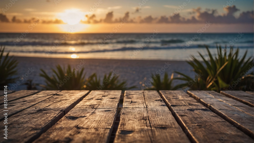 Deserted Wooden Deck Overlooking Tropical Sunset Beach