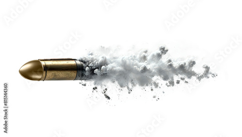 A gun shot bullet flying in speed with cloudy smoke isolated on transparent background.