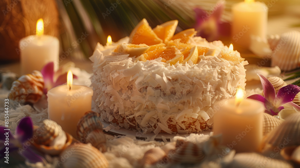Cake surrounded by candles and seashells