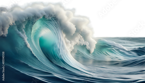 Rolling blue waves crash, moving in with tide of ocean. An ocean wave isolated on opaque white background.