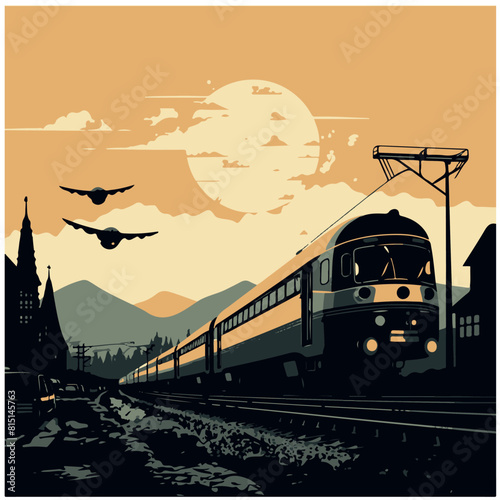 Incredible train, locomotive moving fast against sunset background, vector image, drawing, illustration