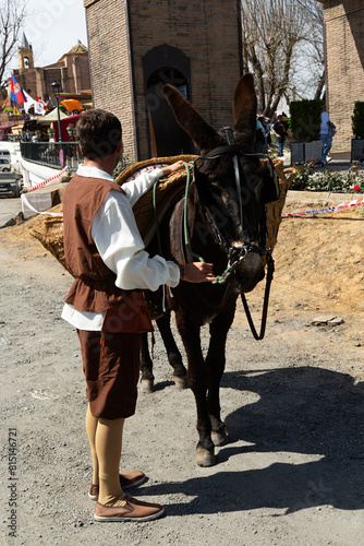 Hombre con su burro en feria medieval.