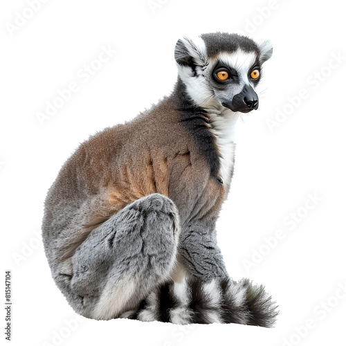 A ring tailed lemur is sitting on a plain Png background, a ring-tailed lemur isolated on transparent background
