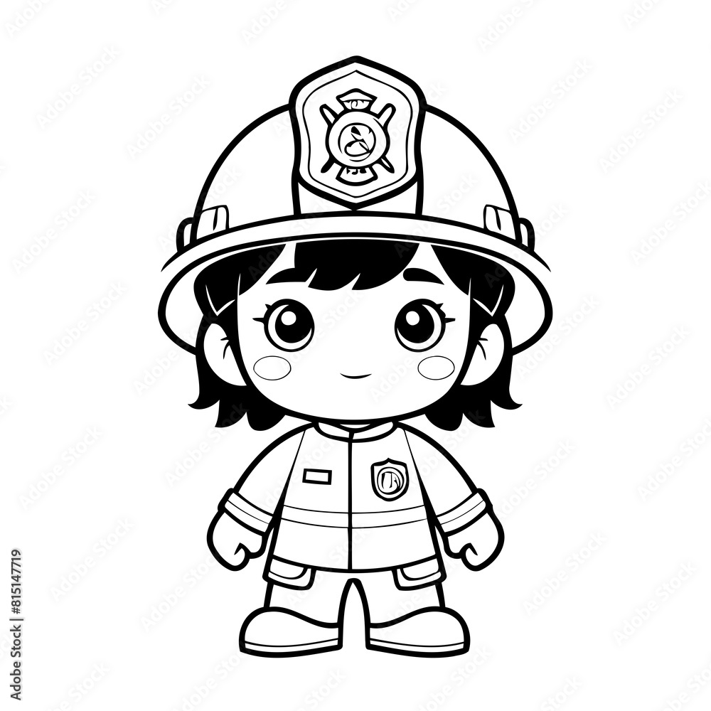 Vector illustration of a cute Firefighter drawing for kids colouring ...