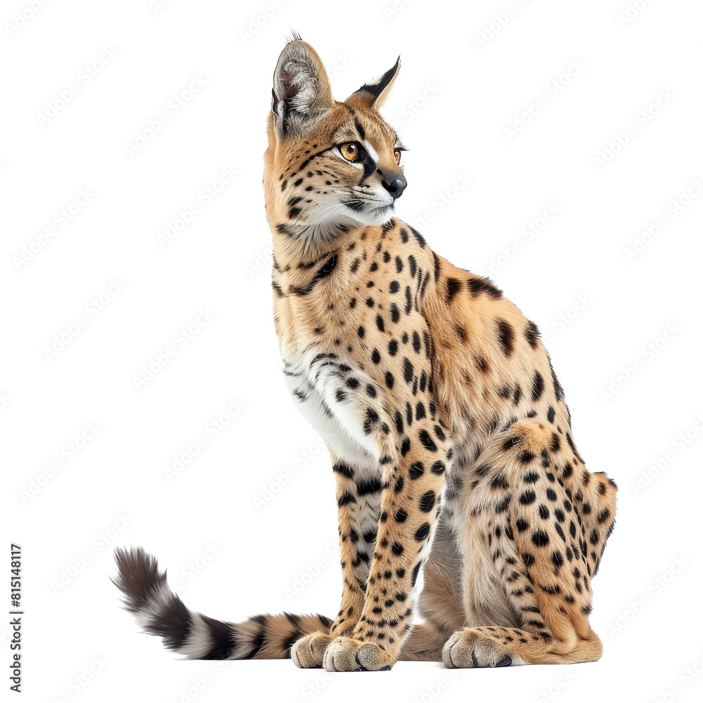 Fototapeta premium A saber-tailed cat, known as a serval, is seated in front of a plain white backdrop, a Beaver Isolated on a whitePNG Background