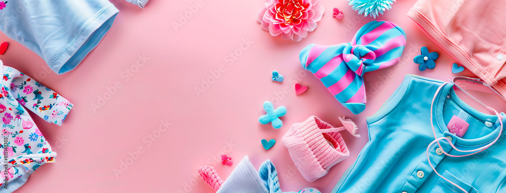 Fototapeta premium A baby clothes set on a pink background.