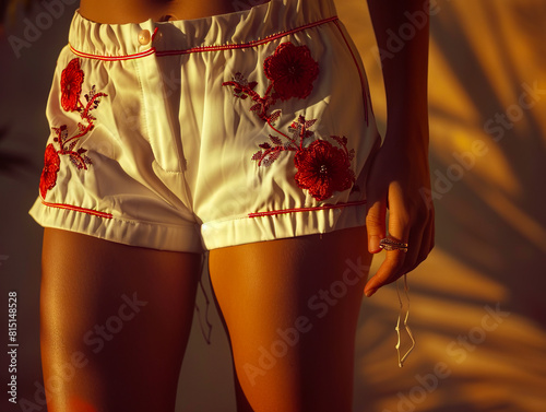 A woman wearing white shorts with red flowers. photo
