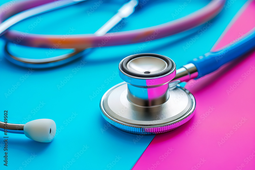 A stethoscope on a blue and pink background. A stethoscope on a blue and pink background.