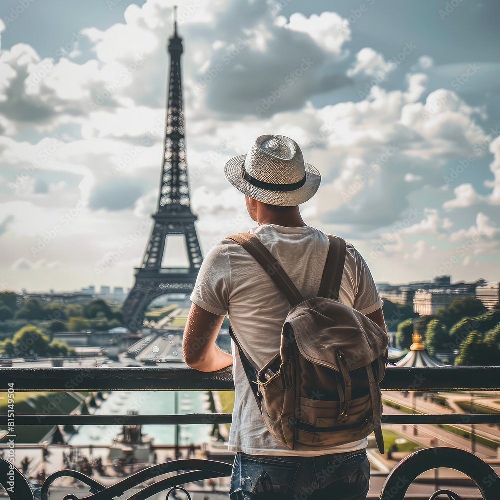 guy in a white hat and with a backpack stands with his back and looks at the Eiffel Tower guy in a white hat and with a backpack stands with his back and looks at the Eiffel Tower