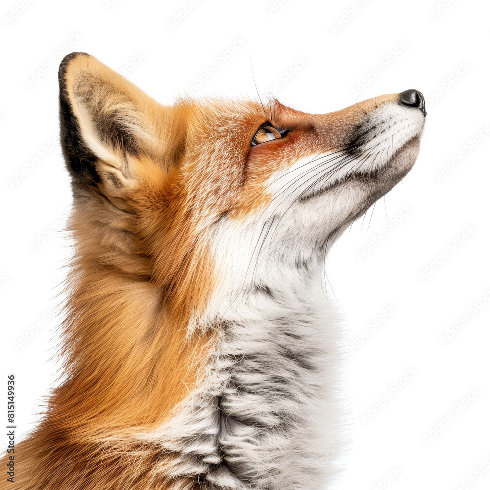 Fototapeta premium A side view of a two-year-old red fox looking up curiously, a Side view of a Red fox looking up, two years old, isolated on white