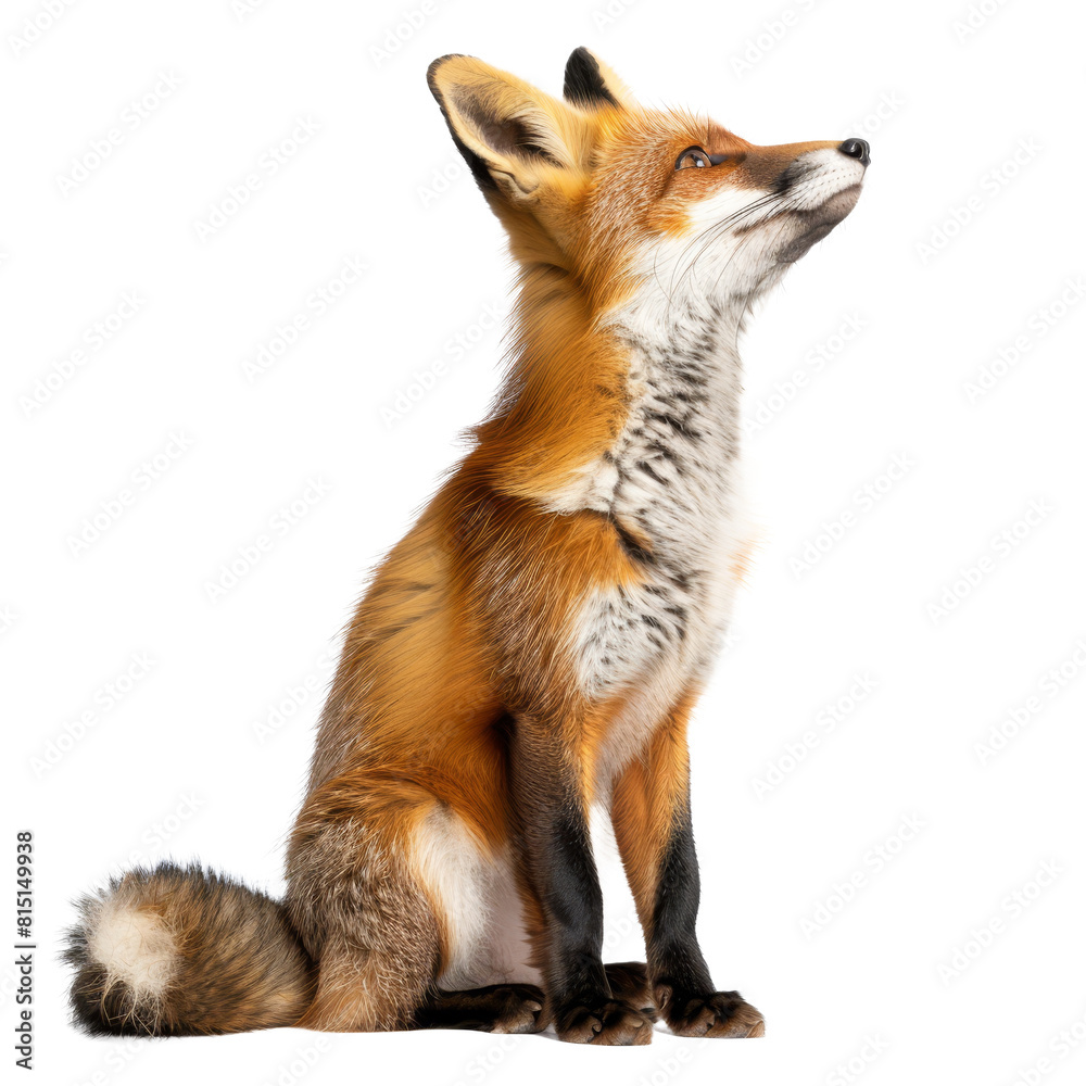 Fototapeta premium A red fox sits in front of a Png background, looking up with a side view, a Side view of a Red fox looking up, two years old, isolated on white