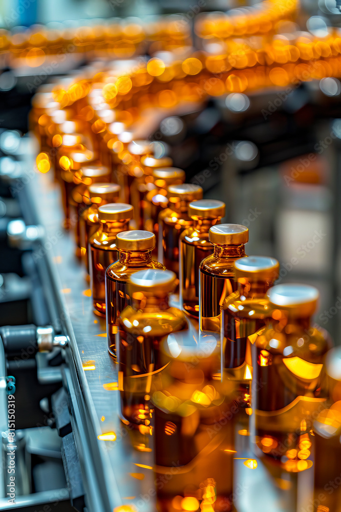 Fototapeta premium A line of bottles on a conveyor belt.