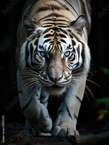 white tiger with blue eyes is walking forward in the dark